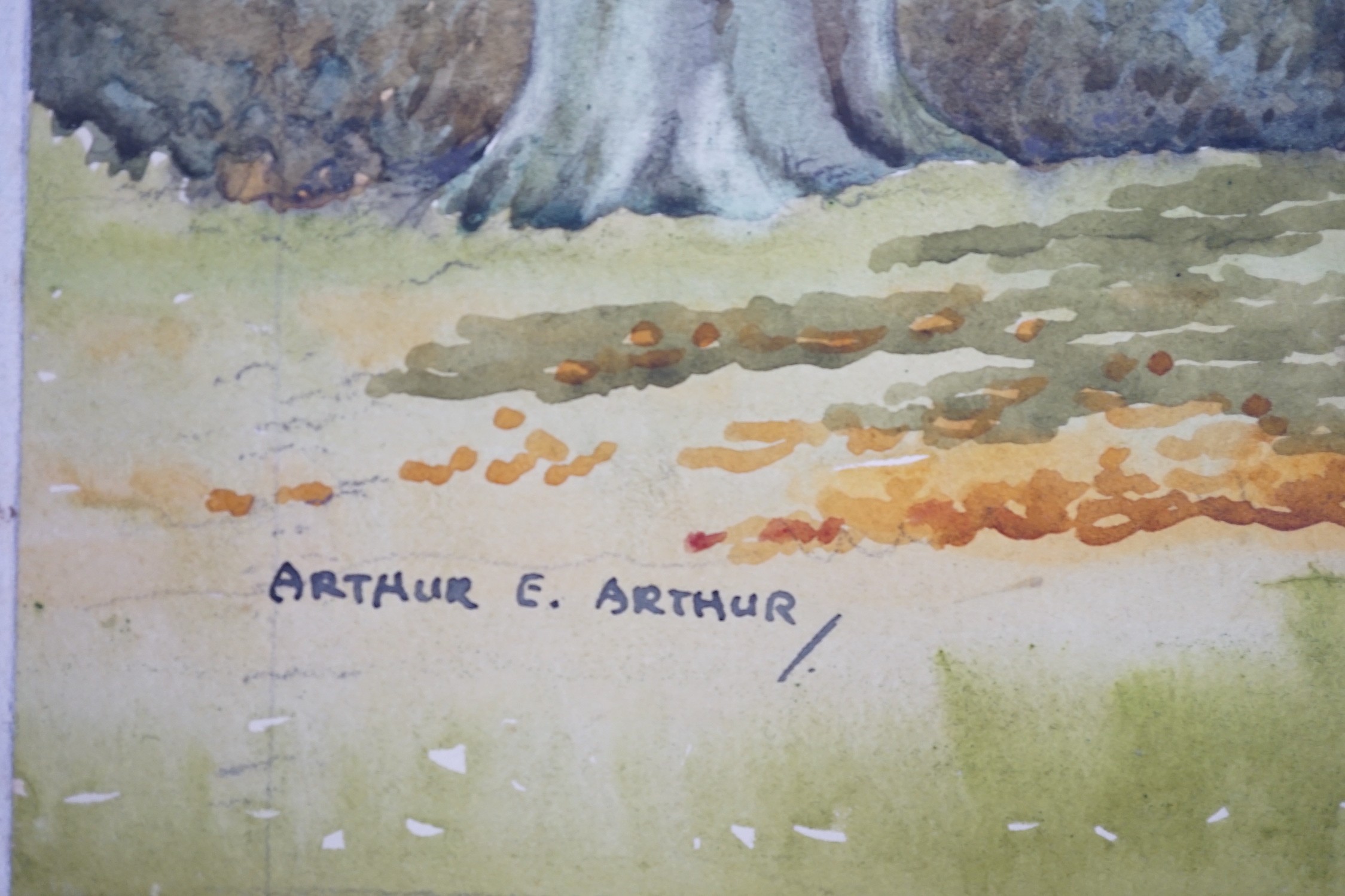 Henry John Sylvester Stannard (1870-1951) , watercolour, 'Granny's Front Door', signed, 28 x 39cm., together with a woodland scene by Arthur E. Arthur, 23 x 32cm, both unframed